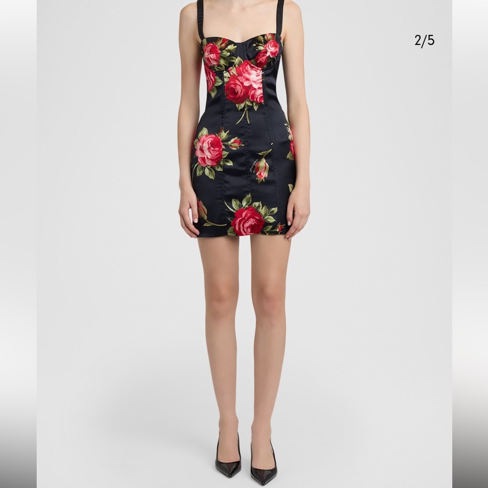 New Dolce & Gabbana Black Satin Bustier Mini Dress with Red Rose Print